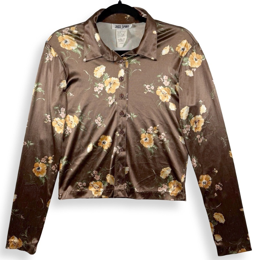 Vintage 90s Womens L Brown Floral Satin Cropped Blouse Button Front Long Sleeve